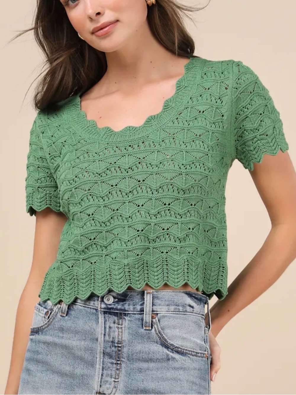 Lulu’s Sweetest Example Dark Green Pointelle Knit Short Sleeve Cropped Top